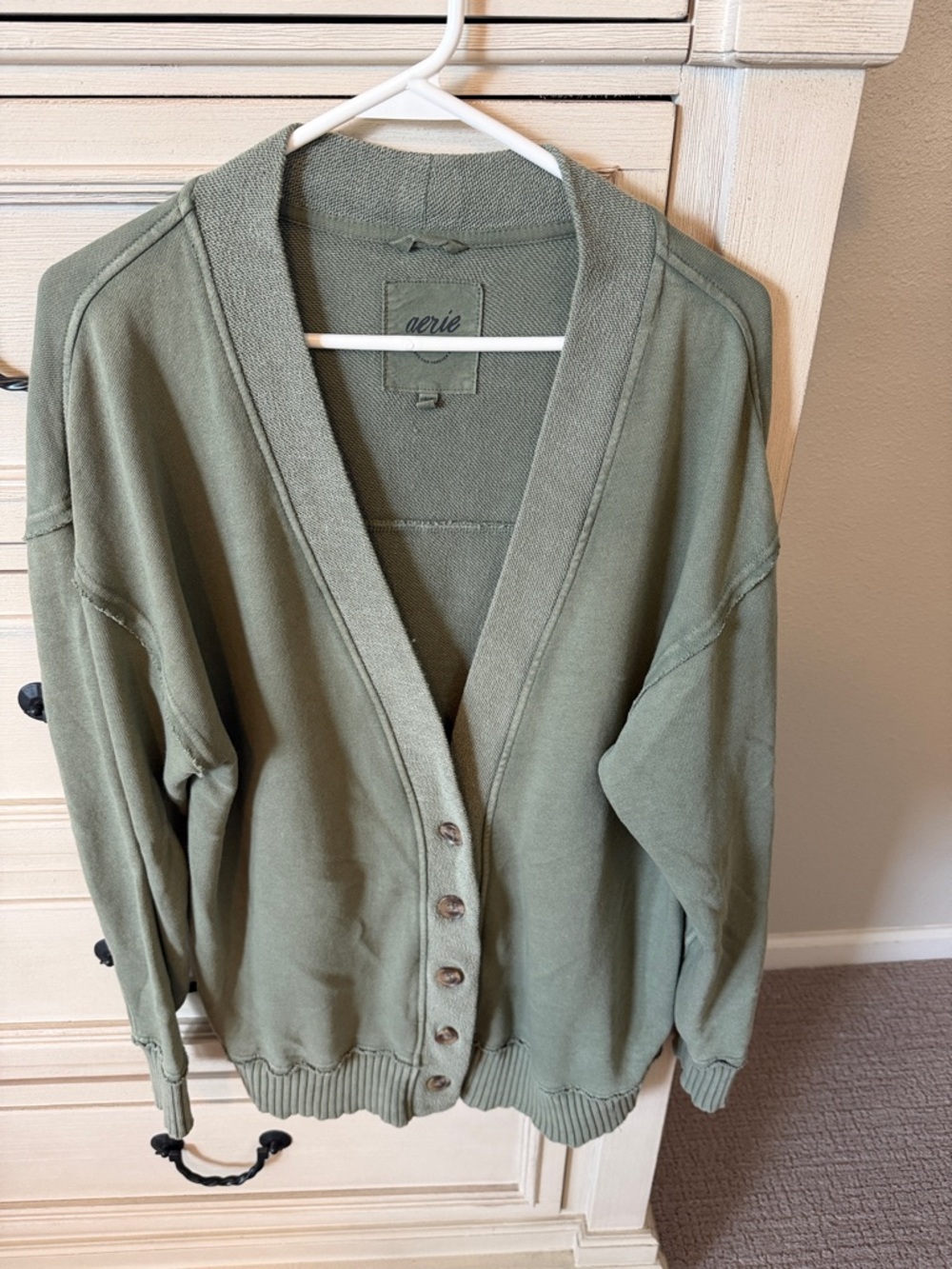 Aerie Oversized Olive Green V-Neck Button Front Cardigan